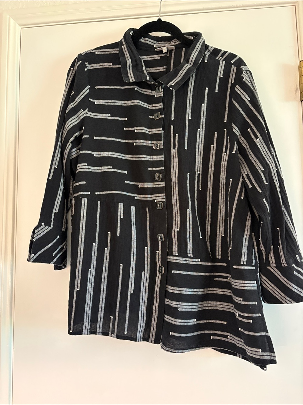 Habitat Black Button-Front Stripe Patchwork Shirt-Large
